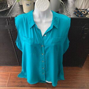 Investments Turquoise Blue Sleeveless Collar Button Down Blouse Large